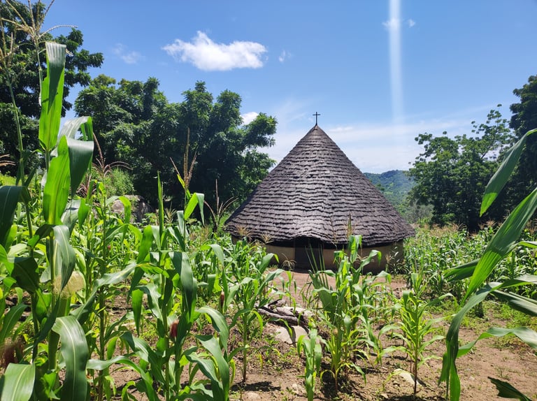 Views of the Christian church in the village of Angels, where the Bedick tribe lives. Bassari Country, Senegal