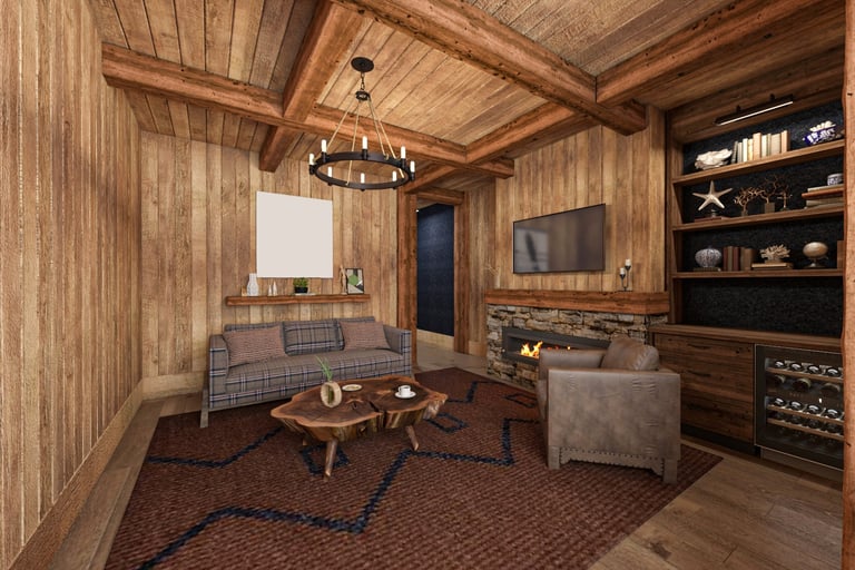 A warm and inviting living room featuring rustic wooden decor, stone fireplace, and comfortable seating