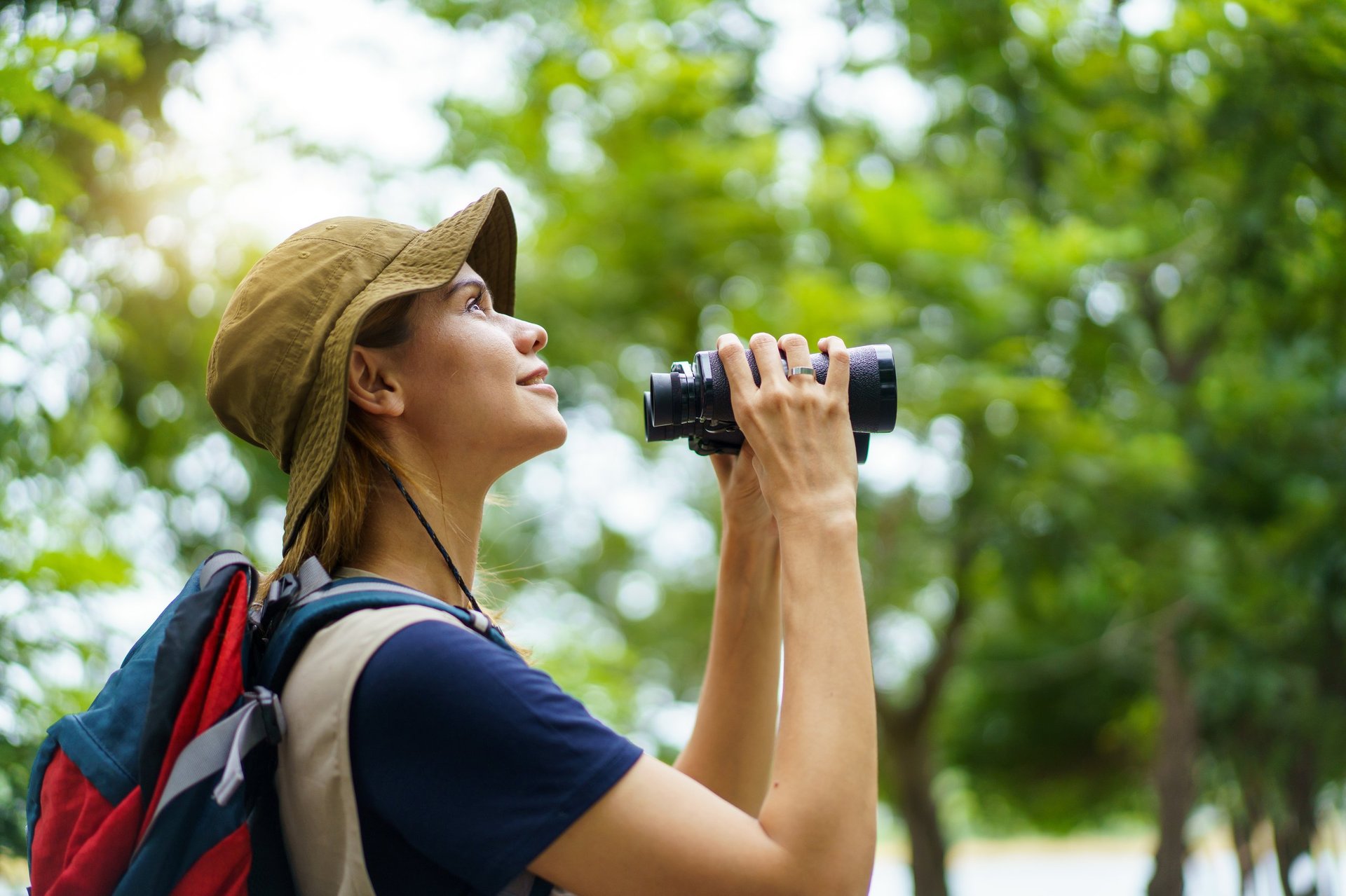 Female birdwatcher uses binoculars to observe birds in the trees, surrounded by beautiful nature