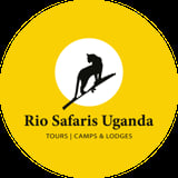 Rio Safaris Uganda logo featuring black silhouette of person on branch within white circle on yellow background with text tours, camps and lodges