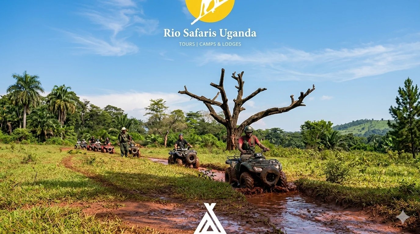 ATV vehicles ford through muddy stream past gnarled tree in lush African savanna landscape