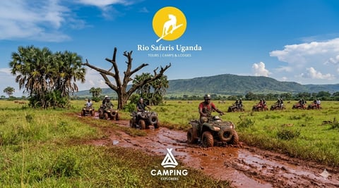 ATV riders camping in Uganda savanna landscape with acacia tree and mountains