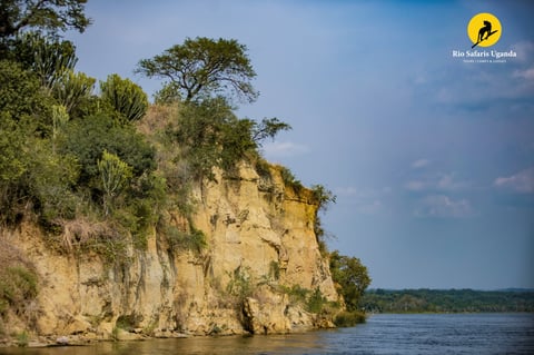 Steep limestone cliff with vegetation overlooking a river under blue sky