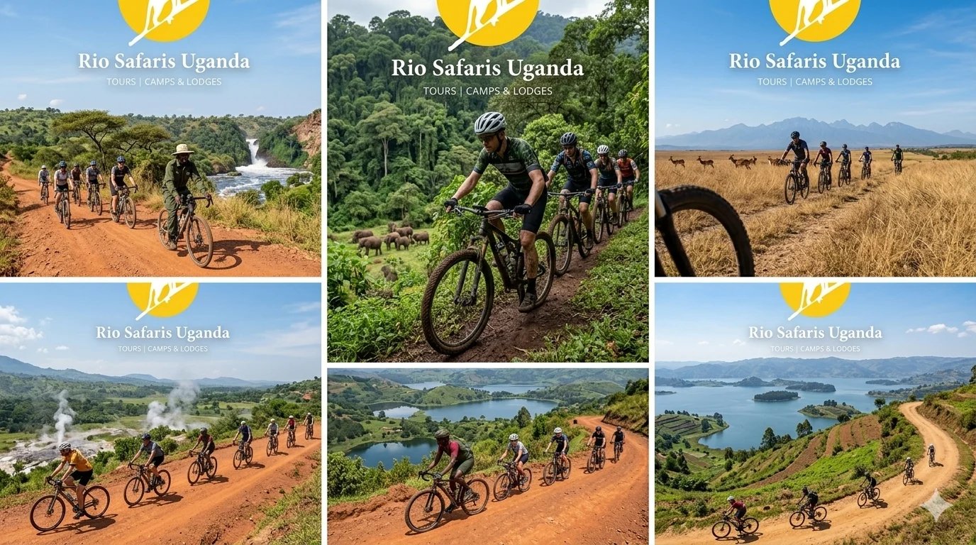 Collage of Rio Safaris Uganda mountain biking tours featuring cyclists riding through scenic landscapes