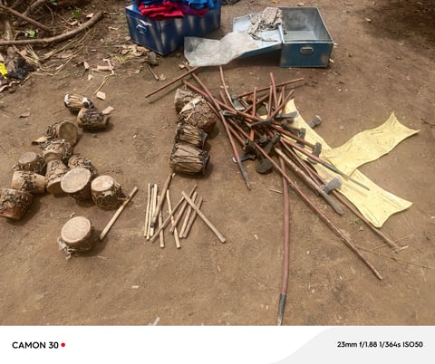 Collected firewood, sticks, and logs organized on dirt ground next to blue container and metal boxes