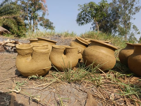Row of large clay water storage pots on dusty ground with grass and trees in background