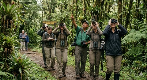 Group of birdwatchers with binoculars on a forest trail in lush jungle vegetation