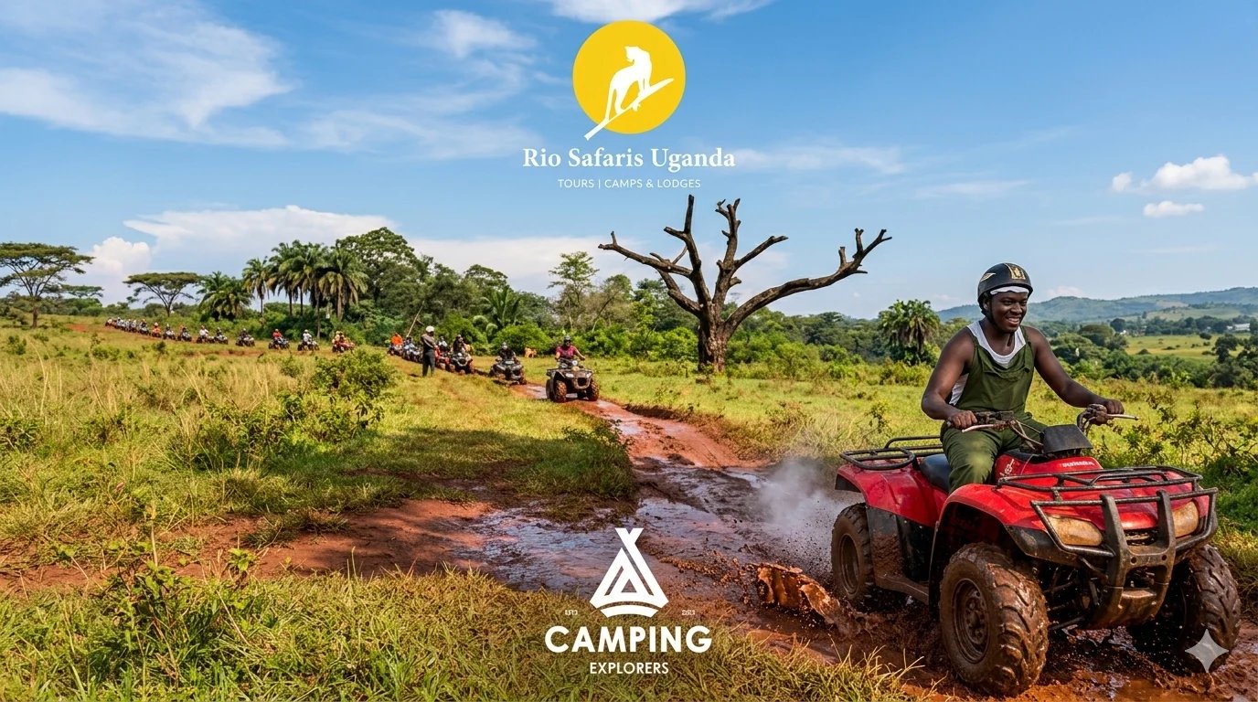 Person riding red ATV through muddy savanna landscape with bare tree and Rio Safaris Uganda logo displayed