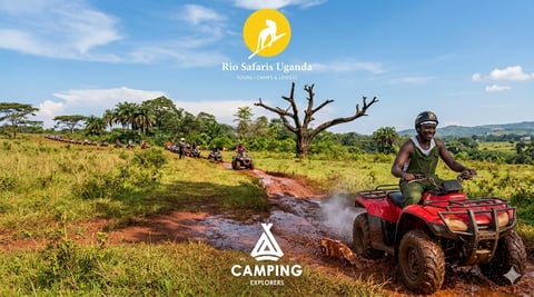 Person riding red ATV through muddy savanna landscape with Rio Safaris Uganda logo