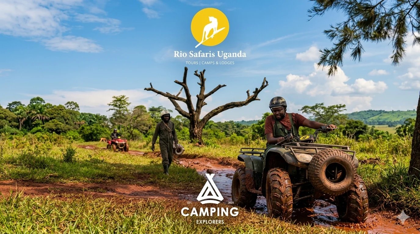 Person on ATV in African savanna with bare tree and safari guides in grassland landscape